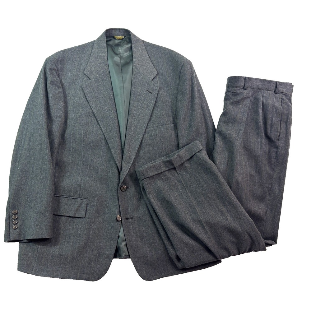 vtg USA Made 46R 40x30 Gray Tan Stipe Flannel Wool 2pc Pant Suit Pleated Cuffed